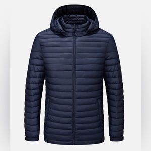 QLZ unisex Portable Slim Puffer Jacket With Hood Coat dark blue Size S To 2XL